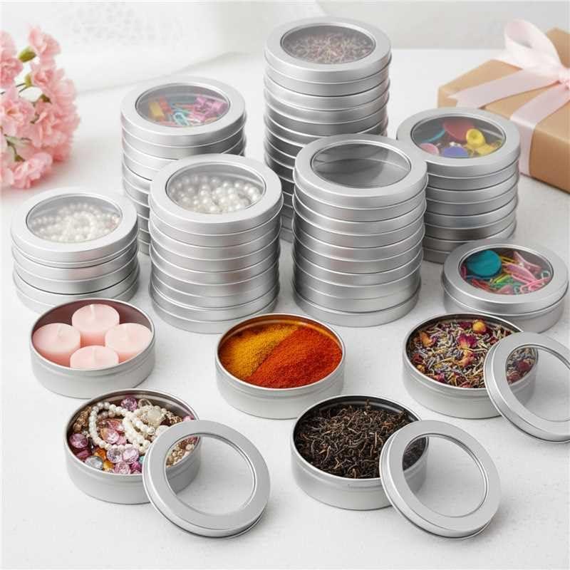 TecUnite 4 oz Metal Tin Cans Round Tin Containers Empty Cans with Clear Top Lid Spice for Kitchen Office Candles Candies and Gifts Holding(24 Pieces)