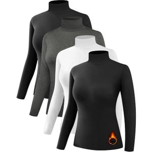 Dalavch 4 Pack Womens Thermal Turtleneck Shirts, Women Turtle Neck Fleece Lined Compression Long Sleeve Base Layer Tops, XL