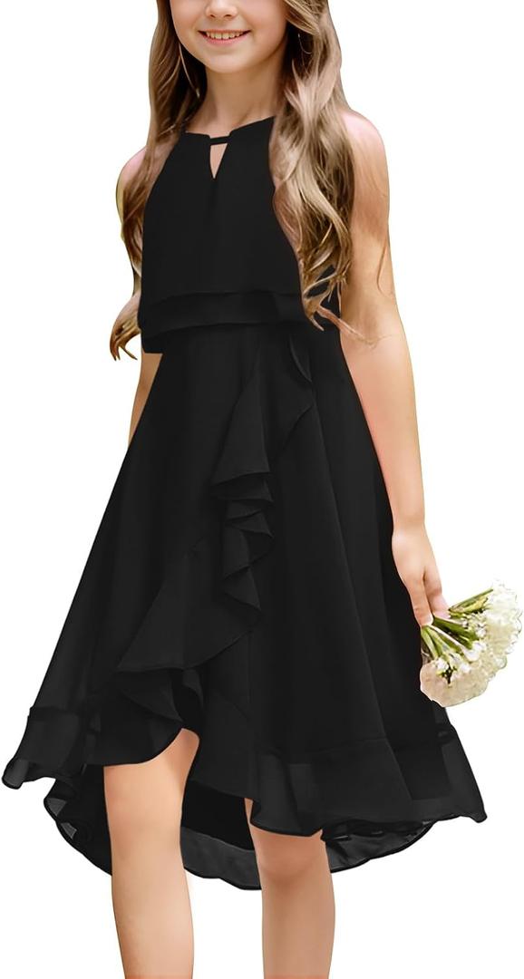 Kids A-Line Halter Neck Chiffon Junior Bridesmaid Dresses Fancy Girl Dress Wedding Elegant Party Gown 5-14 Years (Black), Size - 140/10
