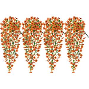 4 Pack Artificial Hanging Violet Vines for Outdoor Spring Decor,28 in Artificial Hanging Flowers,UV Resistant Fake Plant Violet Flower with Eucalyptus Leaf,Spring Summer Decoration (Orange)