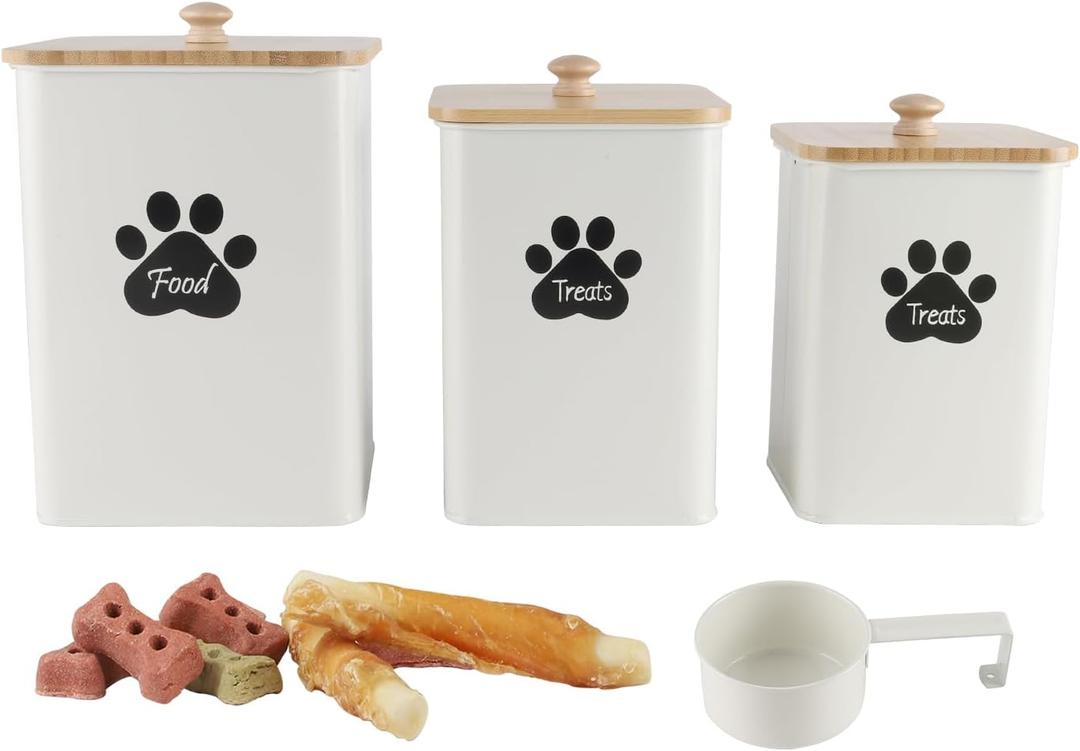 Set of 3 Metal Dog Ttreat Jars,10lb/20 Cup Airtight Dog Food Container with Bamboo Lids,Dogs Cat Treat Canister,Cookie Container for Kitchen Counter,Coated Galvanized Steel -White