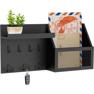 Key Holder Wall Mount Pine Wood 16 X 8 Mail Organizer Farmhouse Key Rack for Wall with Hooks and Shelf, Rustic Wooden Key Hanger for Entryway (Rustic Black)