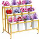 Asee'm Flower Display Stand With 12PCS Buckets 3 Tier Flower Cart Display Stand with Wheels Heavy Duty Moving Metal Plant Stand Flower Bar Flower Rack for Florist Indoor Outdoor Patio Garden Gold