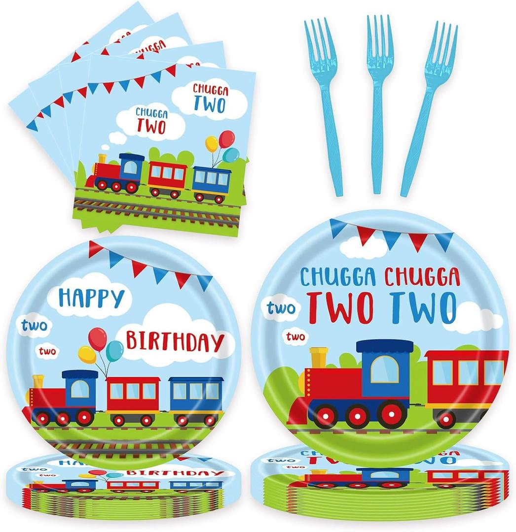 96 Pcs Train Party Plates Napkins Forks Supplies Favors Tableware Set Disposable Paper Chugga Chugga Two Two 2nd Birthday Decorations, Serves 24 Guests
