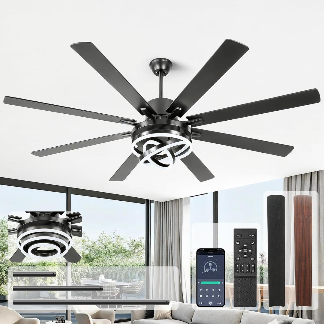 72 Inch Chandelier Ceiling Fans with Lights, Large Modern Ceiling Fan with Remote Control for Living Room Kitchen, Dimmable, 6 Speed Reversible DC Motor, Dual FinishBlack