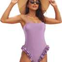 Mxiqqpltky One Piece Womens Swimsuits Y2k Ruffle Bathing Suit Spaghetti Strap Square Neck Tummy Control Slimming Swimwear (Purple, M)