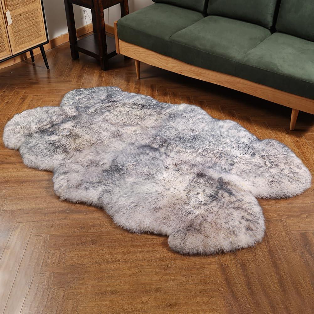 Premium Genuine Fur Sheepskin Rug Real Australia Sheepskin Natural Luxury Fluffy Lambskin Fur Area Rug Seat Covers for Kids Bedroom Sofa Chair Cover (Gray Tip, 4ft x 6ft)