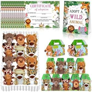 38 Pcs Safari Jungle Party Favors Include 12 Foldable Paper Boxes 12 Forest Mini Stuffed Animals 12 Adoption Cards 1 Adoption Signs 1 Fence for Jungle Party Supplies Adopt A Jungle Animal Favors