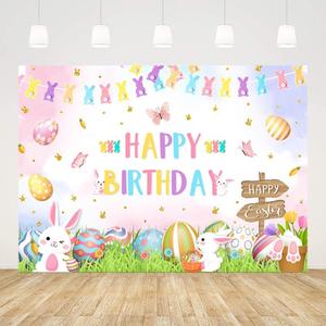 AIBIIN 7x5ft Happy Birthday Backdrop Photography Spring Happy Easter Birthday Background for Boys Girls Easter Colorful Eggs Rabbits Decorations Banner Photo Props
