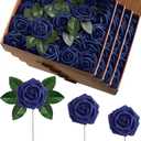 100 Pieces Artificial Foam Rose Flowers Faux Bouquet with Leaves and Stems for DIY Wedding Bouquets Centerpieces Bridal Shower Party Valentine Home Decorations (Navy Blue)