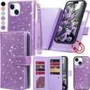 Varikke for iPhone 15 Plus Wallet Case Detachable with Card Holder for Women, Fashion Glitter Leather Strap Strong Magnetic Flip Wallet Removable Phone Case Cover for iPhone 15 Plus 6.7", Light Purple