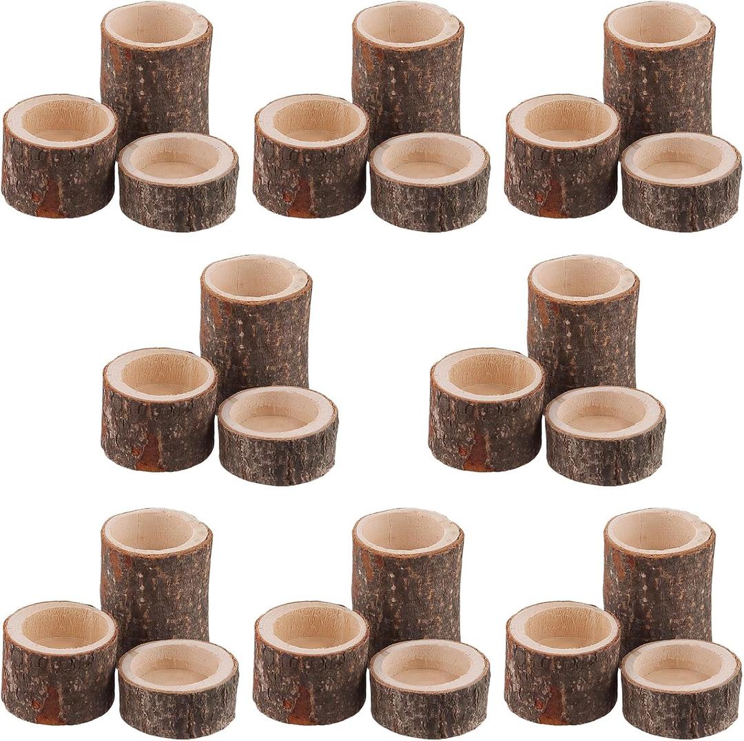 FUNSUEI 24 Pack Wooden Tea Light Candle Holders - 3 Sizes, Rustic Tealight Candle Holders for Dinning Party Room Decoration