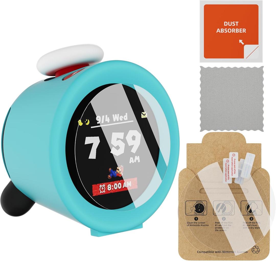 Liquid Silicone Case and 2 Pack HD Films for Nintendo Sound Clock Alarmo, Transparent HD Clear Screen Protector Compatible with Alarmo Nintendo, High Definition Anti-Scratching Anti-Fingerprint (Blue)