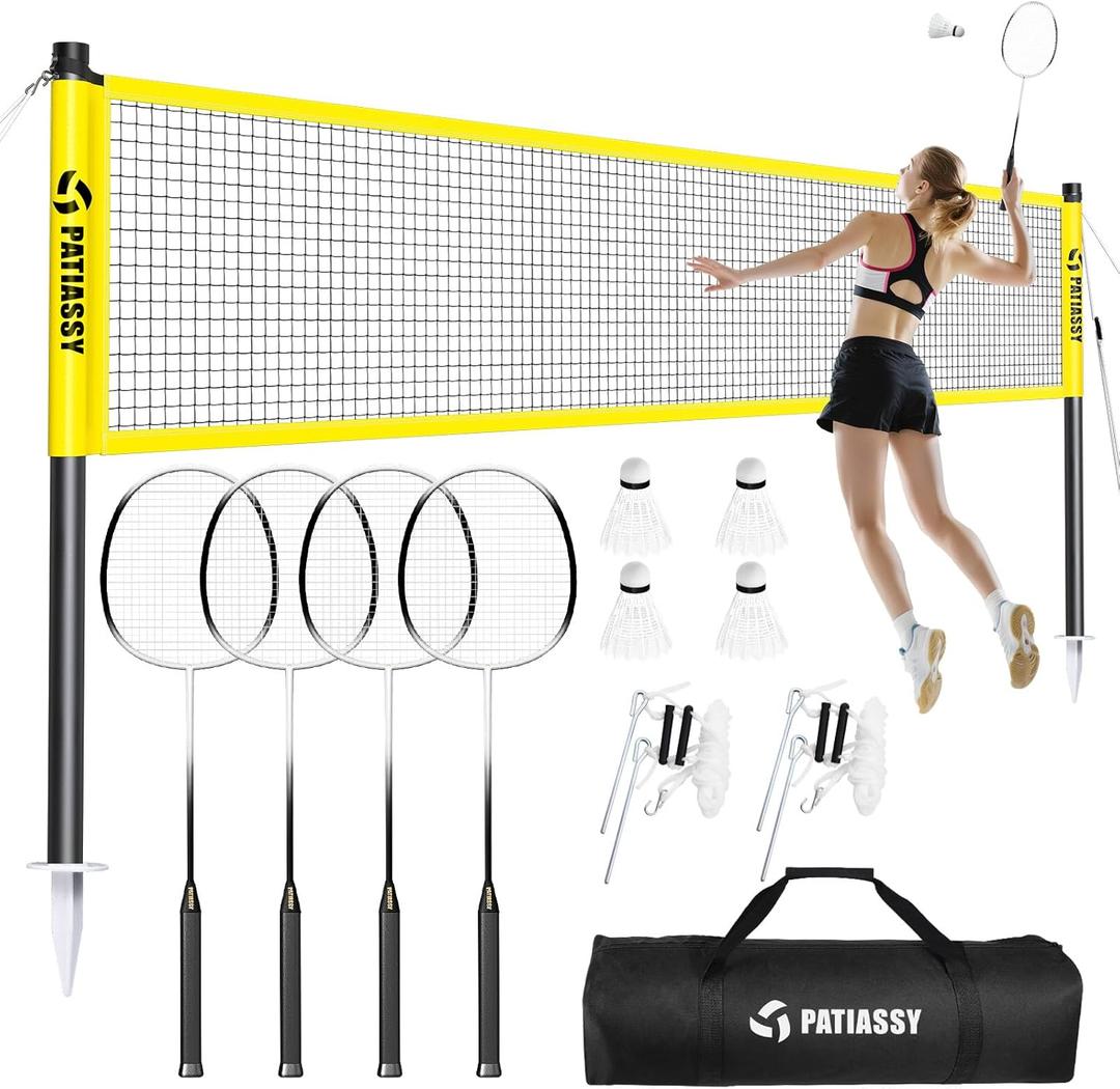 Badminton Set for Backyard, Portable Anti-Sag Badminton Net with 4 Badminton Rackets, 4 Nylon Shuttlecocks and Carry Bag, for Lawn Beach Family Games (Yellow)
