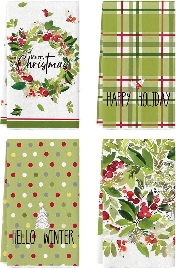 Artoid Mode Holly Berry Merry Christmas Kitchen Towels Dish Towels, 18x26 Inch Leaves Wreath Winter Holiday Decoration Hand Towels Set of 4