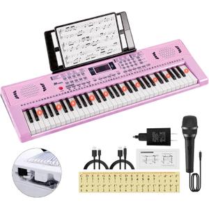 Keyboard Piano 61 Lighted Keys, Electric Keyboard Kit with 100 Voices, 100 Rhythms - Built-In Speaker, Microphone, Sheet Stand and Power Supply, Gift for Children Beginners [Pink, Piano Only], Compact