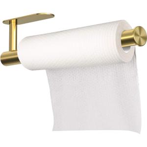 Self Adhesive Paper Towel Holder Gold Under Cabinet Mount, No Drilling Paper Tower Rack, Stainless Steel Rust-Proof and Durable, Suitable for Kitchen, Bathroom, 11.8 inch
