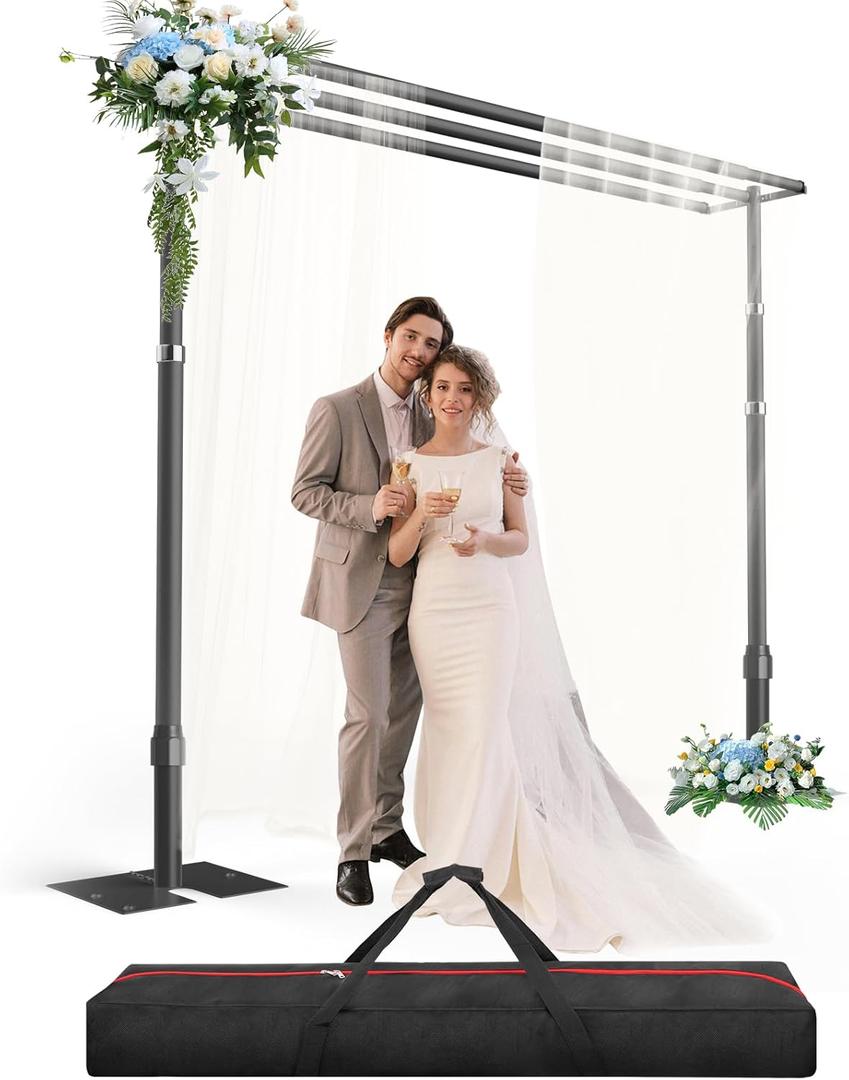 Heavy Duty Backdrop Stand 10x10ft, Three Crossbar Pipe and Drape Backdrop Stand Kit, Adjustable Metal Frame, Background Stand for Wedding Birthday Party Decorations-Black
