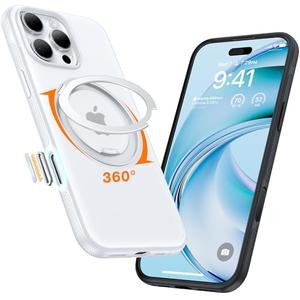 TORRAS 360° Magnetic Stand for iPhone 16 Pro Max Case[Fit for MagSafe][Camera Control Button][Mil-Grade Protection] Slim, Rotatable Kickstand, Translucent Glacier White 6.9", Ostand OFitness Series