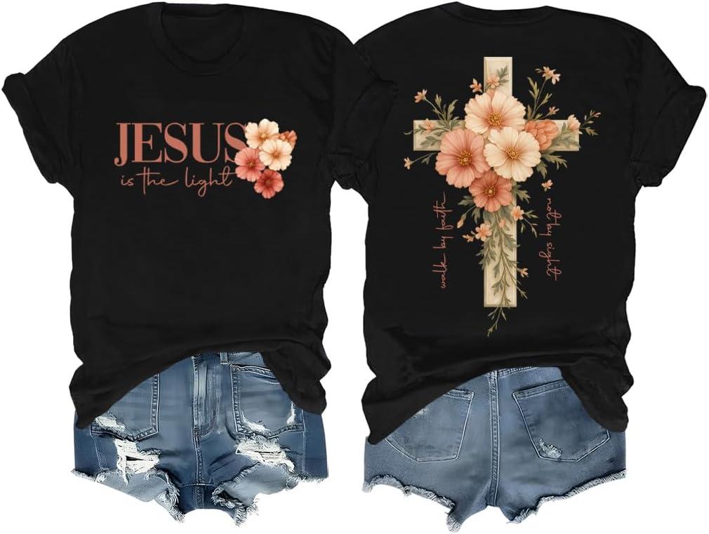 Faith Cross Christian Shirts for Women with Floral Cross Print, Womens Graphic Tees Short Sleeve Tshirt (3X-Large, Black)