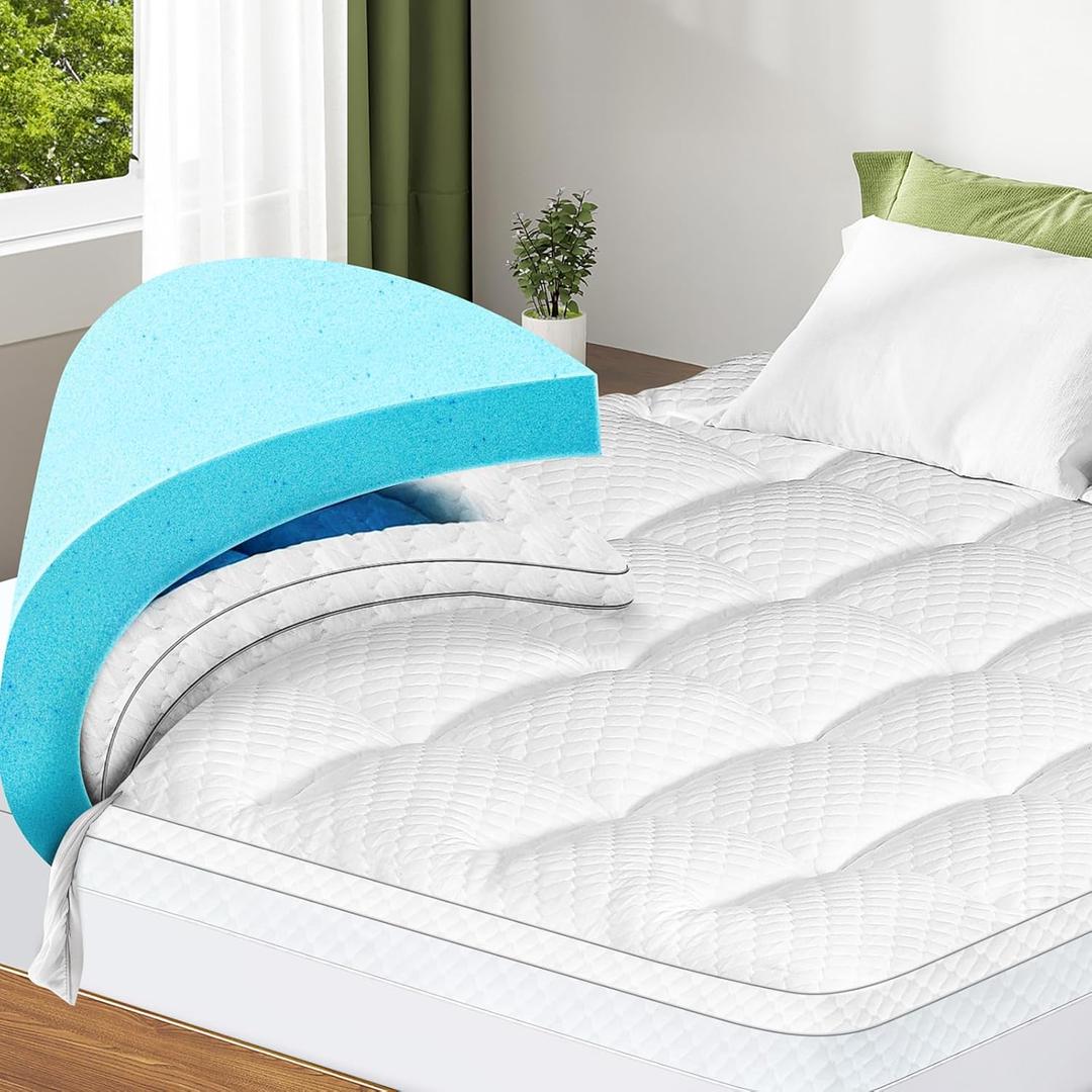 Dual Layer 3 Inch Memory Foam Mattress Topper King Size, 2 Inch Cooling Gel Memory Foam Plus 1 Inch Pillow Top Mattress Pad Cover, with 8-21 Inch Deep Pocket