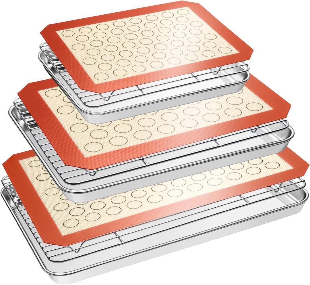 EWFEN Baking Set: Stainless Steel Sheet Pan with Cooling Rack & Silicone Mat Set, Multi-Size (3 Sheets + 3 Racks + 3 Mats), Warp Resistant & Heavy Duty, Easy Clean (Red)