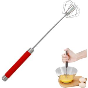 Easy Whisk - 12 Inch Stainless Steel Semi Automatic Whisk Rotating Hand Egg Beater for Milk Frother, Dough, Cream, Matcha, Hand Push Kitchen Mixer for Blending, Whisking, Beating & Stirring (Red)