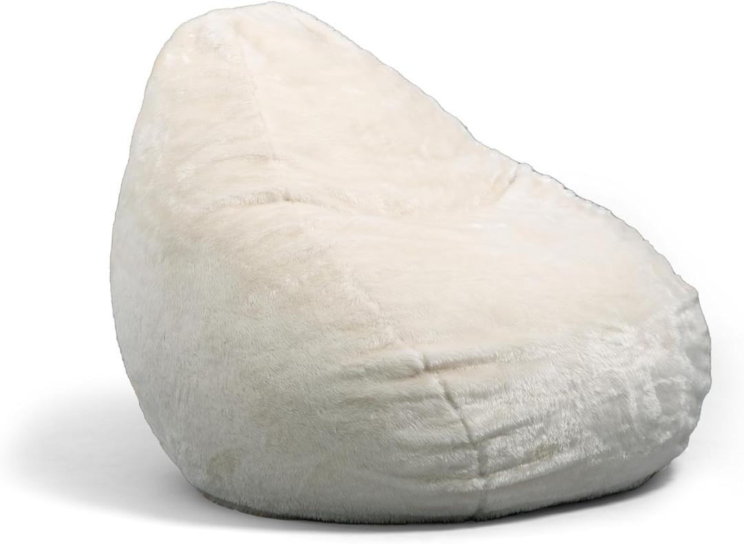 Big Large Teardrop Foam Filled Bean Bag Chair with Removable Cover, Ivory Short Shag, 4 feet Big