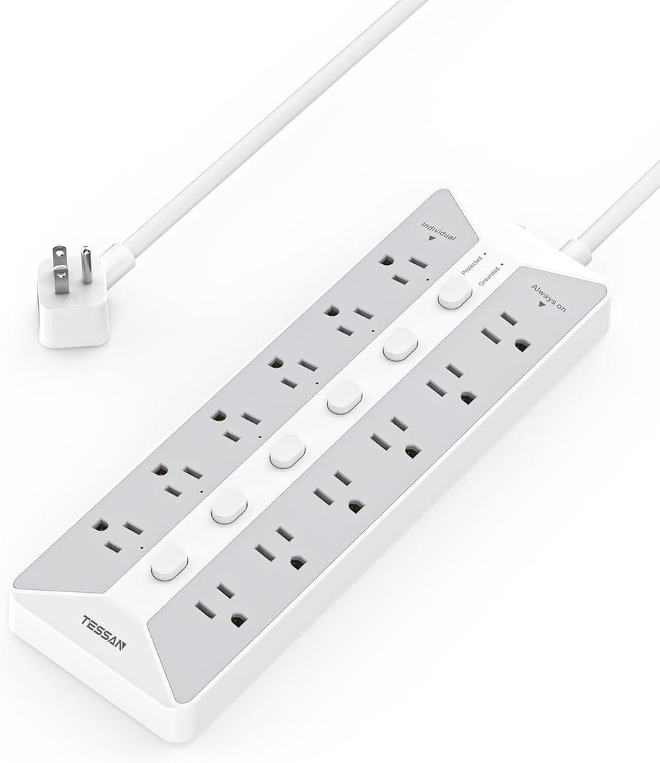 TESSAN Surge Protector Power Strip, 6 Individual Switches and 12 Outlets, 6 FT Extension Cord with Multiple Outlets, 1875W Max Desktop Power Strip, 1700J Surge Protection, Mountable Design for Office (white-grey)