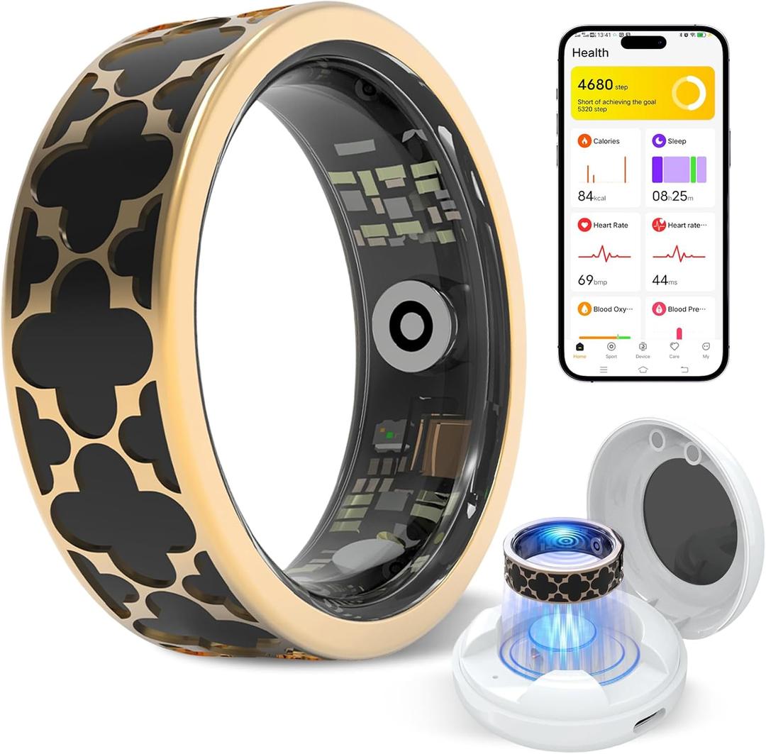 Smart Health Ring for Women & Men,Fitness Tracker Ring,with Heart Rate,Sleep,Blood Oxygen, BloodPressure,HRV & Cycles,IP68 Waterproof,iOS/Android, No Subscription.(Black,8)