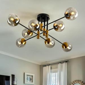 8 Light Sputnik Chandelier with Glass Globe Mid Century Modent Black Gold Ceiling Light Fixture Large Flush Mount Chandelier for Dining Room Bedroom Living Room Kitchen.