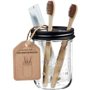 Amolliar Mason Jar Toothbrush Holder - Rustproof Stainless Steel - Holds 2 Toothbrushes and Toothpaste,with Chalkboard Labels - Farmhouse Dcor Bathroom Countertop and Vanity Storage Organizer,Black