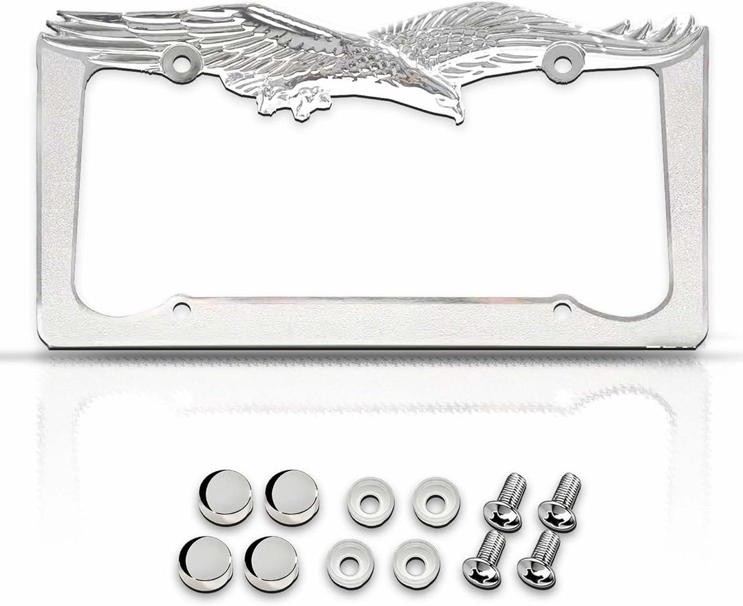 Heavy Duty 3D Chrome American Eagle License Plate Frame with 4 Silver Screw Caps, Street Legal Universal Fit for Cars & Trucks, Premium Rust-Free Zinc Chrome Eagle License Plate Frame for Women & Men