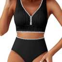 Herseas High Waisted Bikini Sets for Women - Textured Whip Stitch 2 Piece Swimsuit Bestselling Summer Beach Bathing Suit (Black), XL