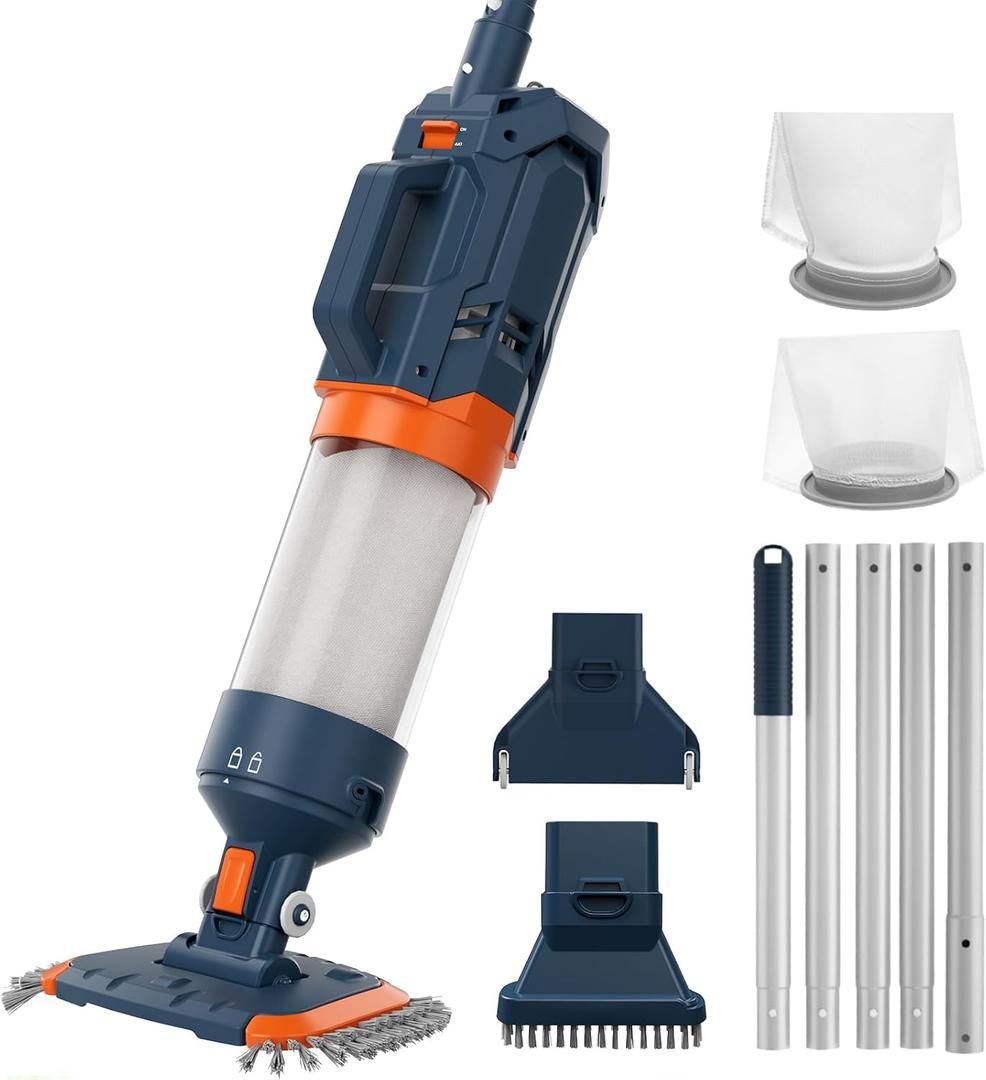 Heave Duty Pool Vacuum for Above Ground & Inground Pool-Powerful Suction 18.9 GPM Running time up to 1H, Ideal for Leaves, Debris, Handheld Rechargeable Pool Cleaner with Telescopic Pole