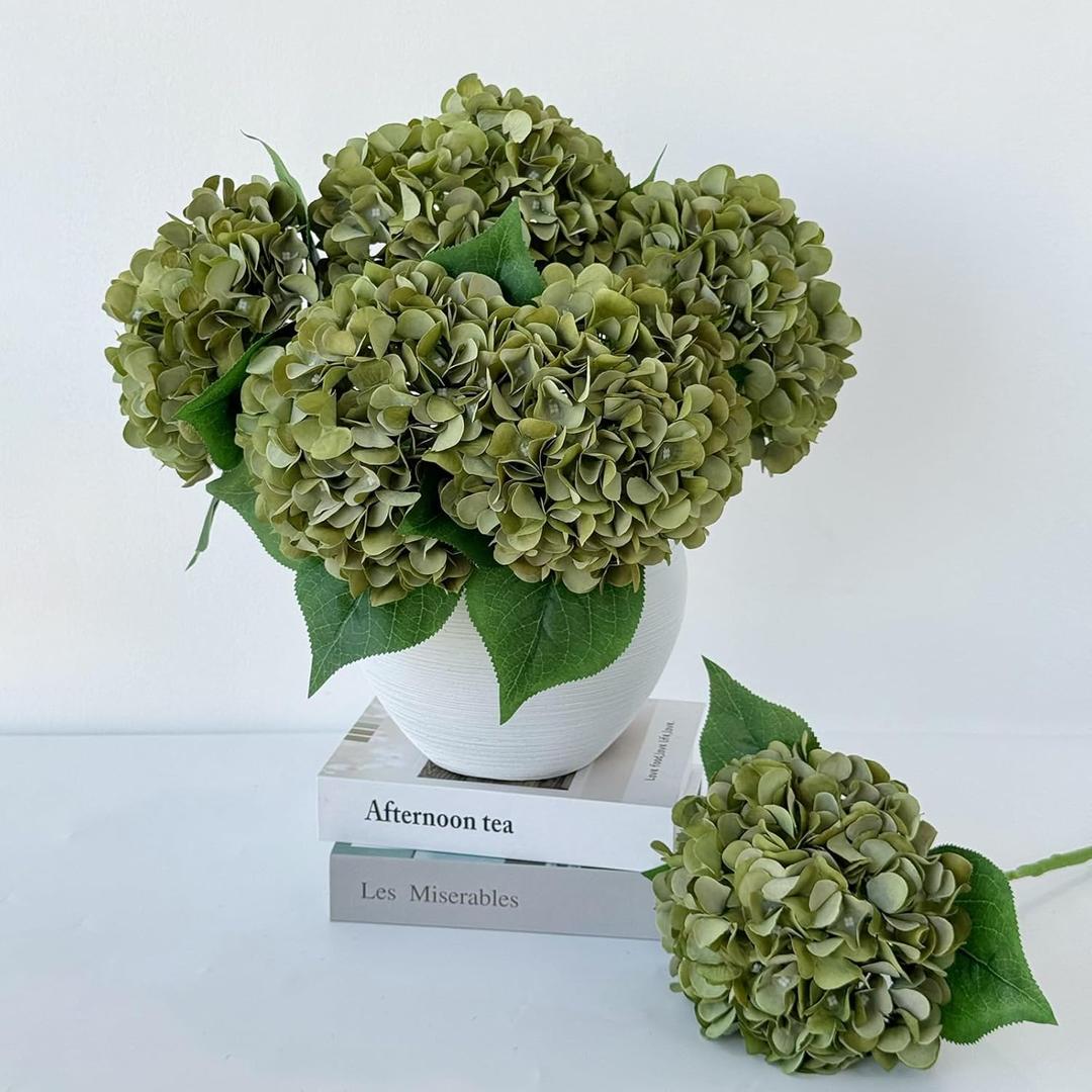 5 Pcs Silk Green Hydrangea Artificial Flowers - 20'' Faux Hydrangeas for Spring Indoor/Outdoor Home Decor & Wedding Arrangement