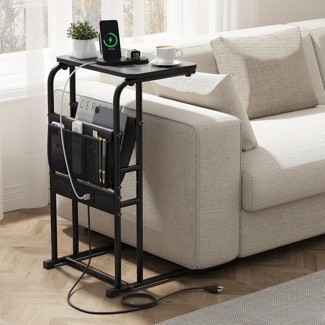 C Shaped End Table with Charging Station, Side Table for Living Room Bedroom, Slide Under Couch Sofa TV Trays Desk, Small Narrow Space Applicable, Black (29in height)