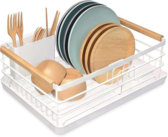 BRIAN & DANY Dish Drying Rack, Dish Racks for Kitchen Counter, Stainless Steel Dish Drainer with Removable Cutlery Holder & Drainboard, White (11.8"D x 16.5"W x 5.9"H)