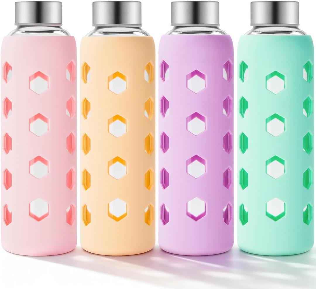 Mrsdry Glass Juice Bottles with Lids and Silicone Sleeves 18 oz, 4-Pack Reusable Clear Glass Water Bottles with Stainless Steel Airtight Cap for Juicing, Refrigerator, BPA Free Leak-Proof Drinking Jar, Mint