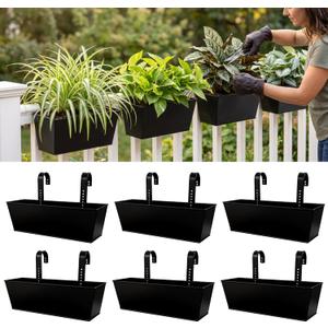LaLaGreen Rail Planter (16 Inch, 6 Pack) Rectangular Metal Metal Hanging Flower Pots Railing Fence Balcony Gardening for Apartment Patio Planters Garden Style Iron Outdoor Deck Decoration Porch Decor
