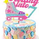Rolling into 7th Theme Cake Toppers Happy 7th Birthday Cake Topper 7 Years Old Birthday Decorations for Girls Roller Skate Birthday Party Cake Topper