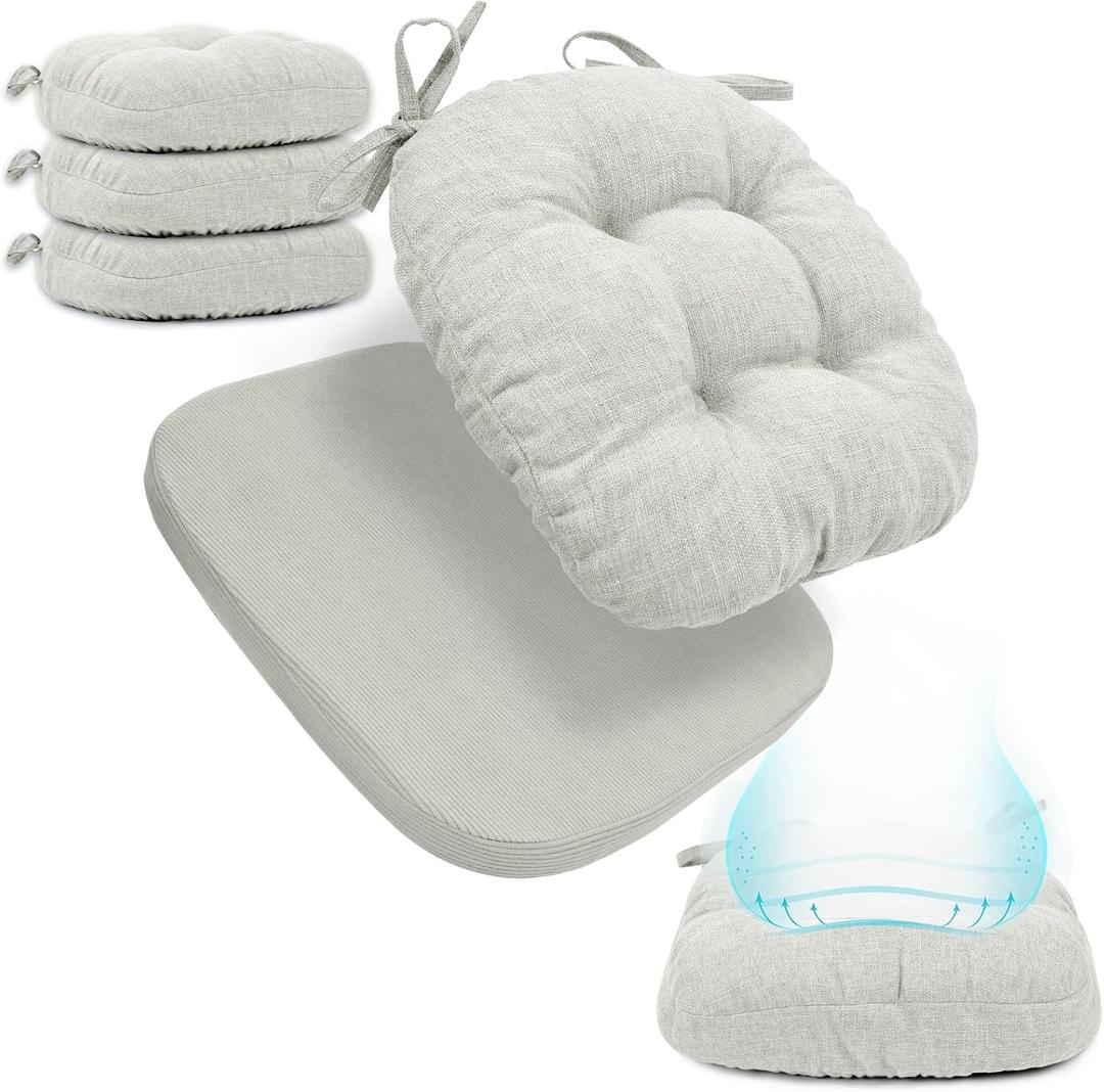 BUYUE Double-Layer Thickened Chair Cushions for Dining Chairs, Natural Latex Foam Support, 2-Faced Reversible Kitchen Seat Cushions, Practical Non-Slip Chair Pads, 4 PCS, Light Grey