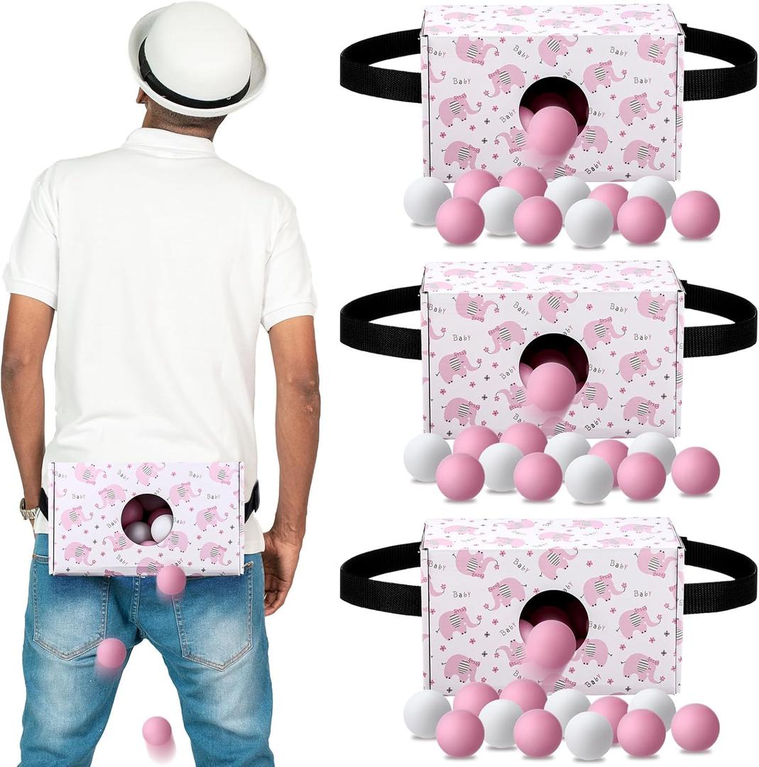 4 Sets Baby Shower Shaking Swing Balls Game Set Included 4 Shake Box and 4 Belts with 80 Balls Funny Activities Baby Shower Party Twerk Games for Family Outdoors Indoors(Pink,Elephant)