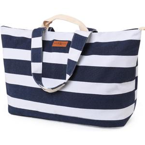 Extra Large Beach Bag for Women - Waterproof Sandproof Over-Size Carry On Beach Tote with 5 Pockets Gifts for Women (Ocean Blue Stripes)