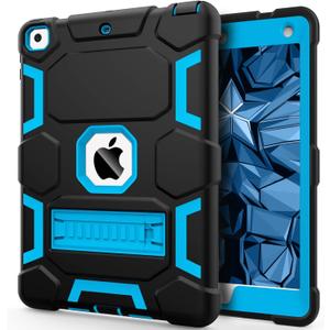 CCMAO Case for iPad 6th/5th Generation (9.7-inch, 2018/2017), iPad Air 2nd Generation Case (2014) with Kickstand, Hybrid Shockproof Protective iPad 9.7 Case, Black+Blue