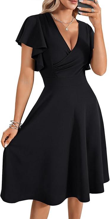 LYANER Women's Warp V Neck Ruffle Short Sleeve A Line Swing Flared Cocktail Party Midi Dress, L