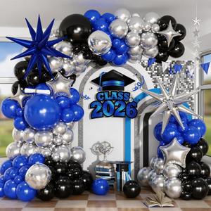 Blue and Black Balloon Arch Kit, Graduation Balloon Garland Royal Navy Blue Metallic Silver Black Latex Balloons Explosion Star Foil Balloons for 2026 Congrats Grad Prom Birthday Party Decorations