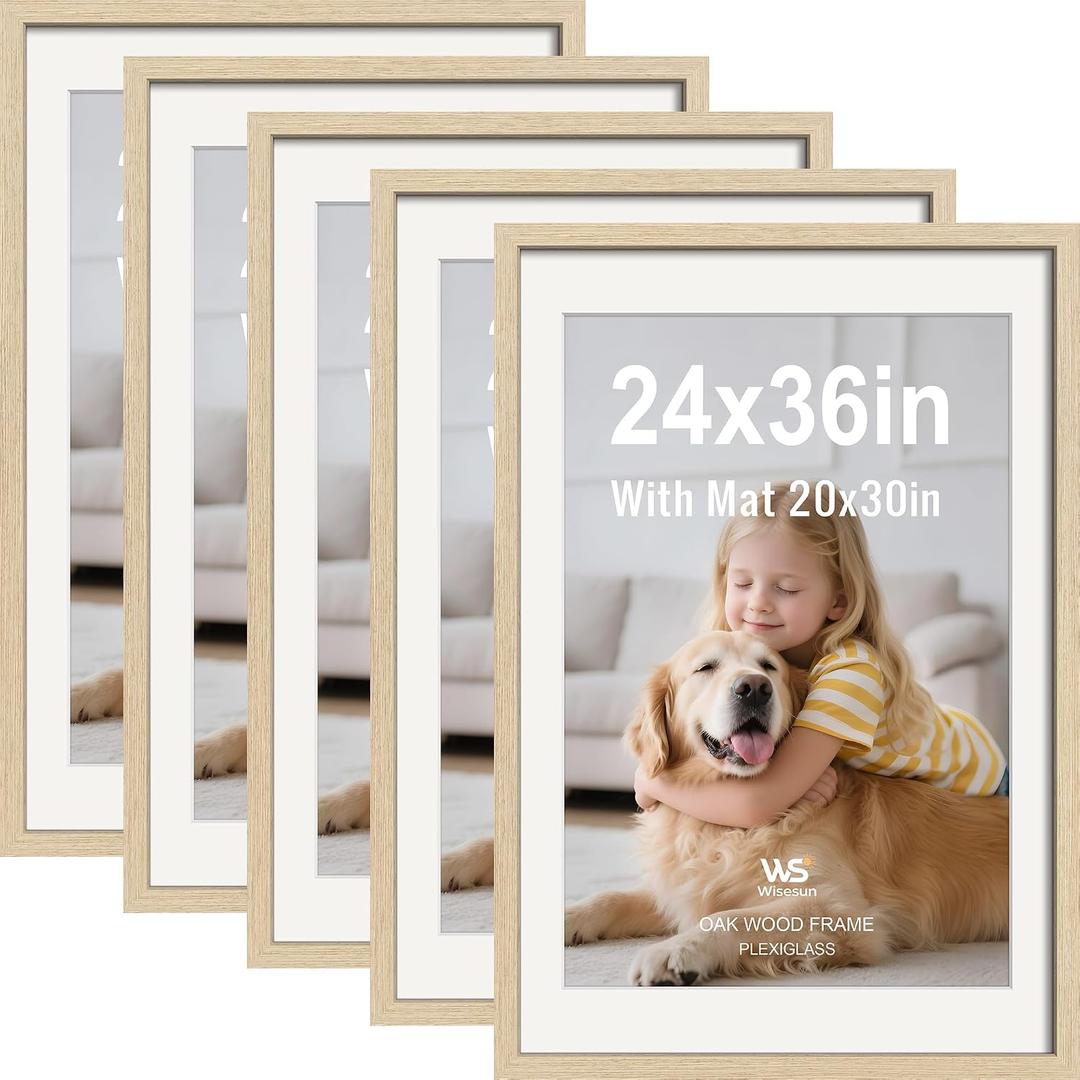 24x36 Poster Frame 5 Pack, Oak Wood with Plexiglass, 20x30 Mat