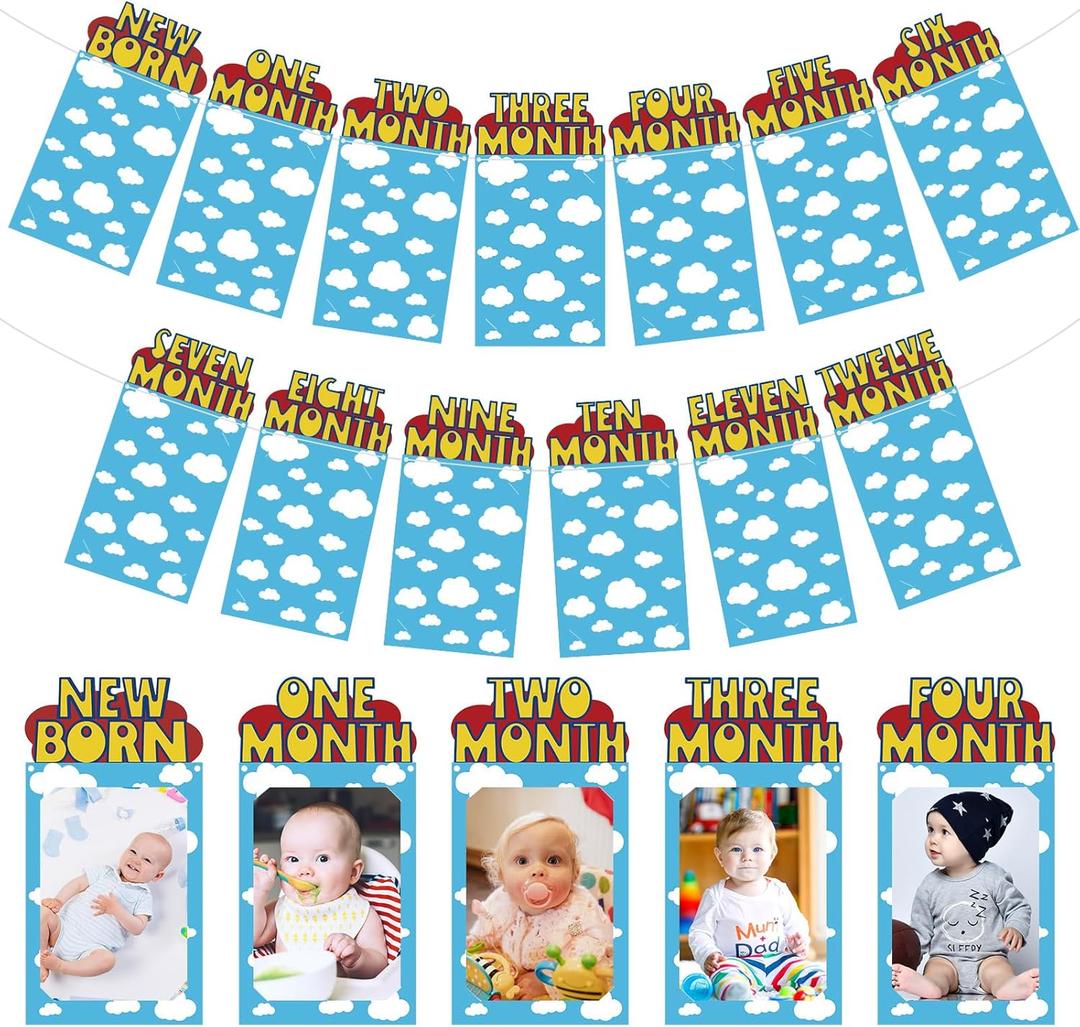 Oudain Cartoon Story 1st Birthday Photo Banner for Baby from Newborn to 12 Months Inspiration Story's 1st Birthday Party Decorations for Girl Boy Monthly Milestones Garland