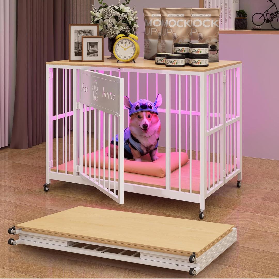 39" Foldable Dog Crate Furniture, Natural Wood